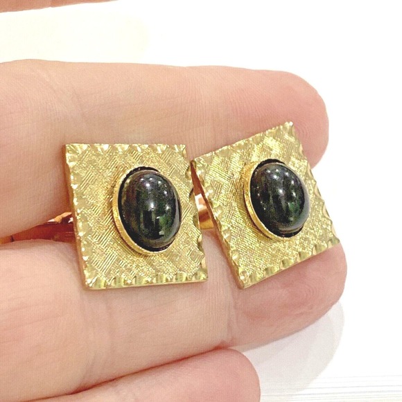 Vintage cuff links textured gold tone career cufflinks with mod black cabachons - Picture 5 of 5